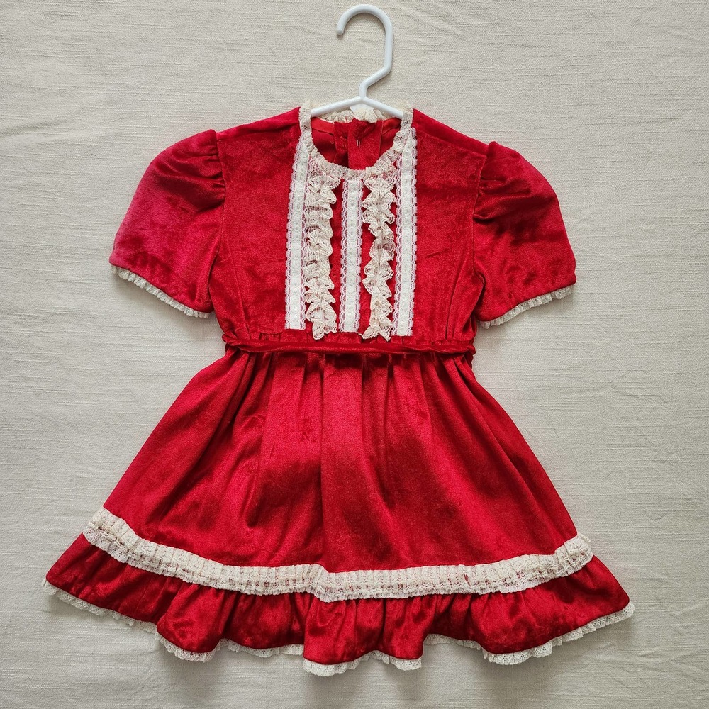 Classic Red Velvet Lace Trim Kids Dress